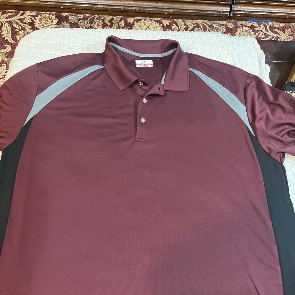 Maroon golf shirt with gray & black inserts